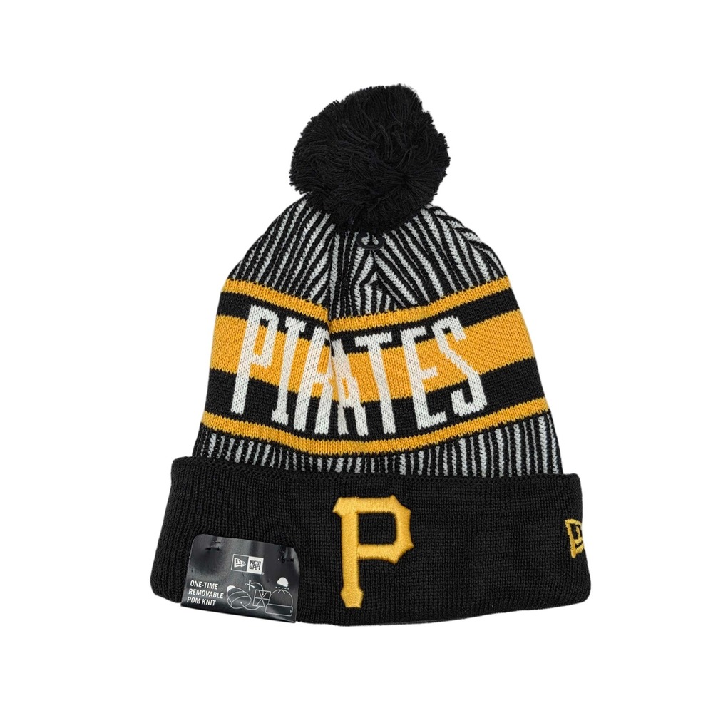 New Era Pittsburgh Pirates MLB Striped Cuffed Knit Beanie Hat Cap Pom Black NWT